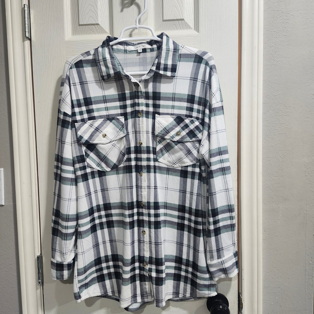 Eden & Olivia Womens Plaid Roll Tab Sleeve Button Down Shirt Teal White Black M